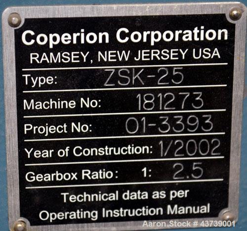 Used Coperion Werner Pfleiderer 25mm Twin Screw Extruder, Type ZSK-25. Manufactured New 2002. Approximate 40 to 1 L/D ratio. Co-Rotating intermeshing side by side screw design. 12 total Barrel sectio...