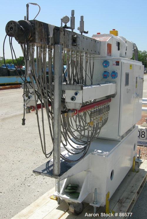 USED: Coperion Werner Pfleiderer Mega Compounder, model ZSK-26MC. Twin screw extruder, 26mm screw diameter, screw rpm is 120-1200 rpm having a max torque of 106 Nm per shaft. 12 electrically heated/w...