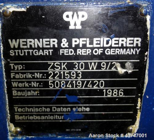 Used Werner Pfleiderer 30mm Twin Screw Extruder, Type ZSK 30 w 9/2. Co-Rotating intermeshing side by side screw design. Approximate 39 to 1 L/D ratio. 10 Barrel sections, (1) feed section, no hopper,...
