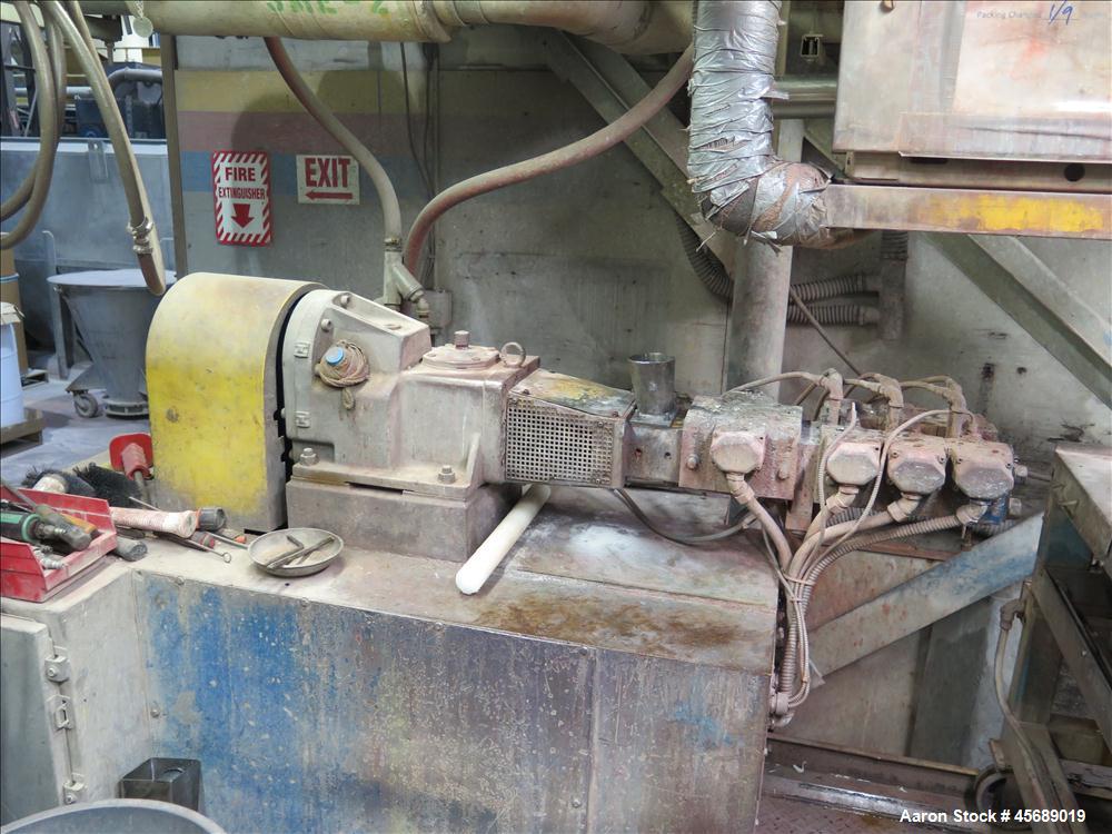 Used Werner &Pfleiderer 30mm Twin Screw Extruder, Model ZSK-30.  15 HP AC motor.  Includes; Schenck Accurate 602 Feeder, Baldor Drive, Newer PLC.  Controls and Drive Panel.  Built in 2000
