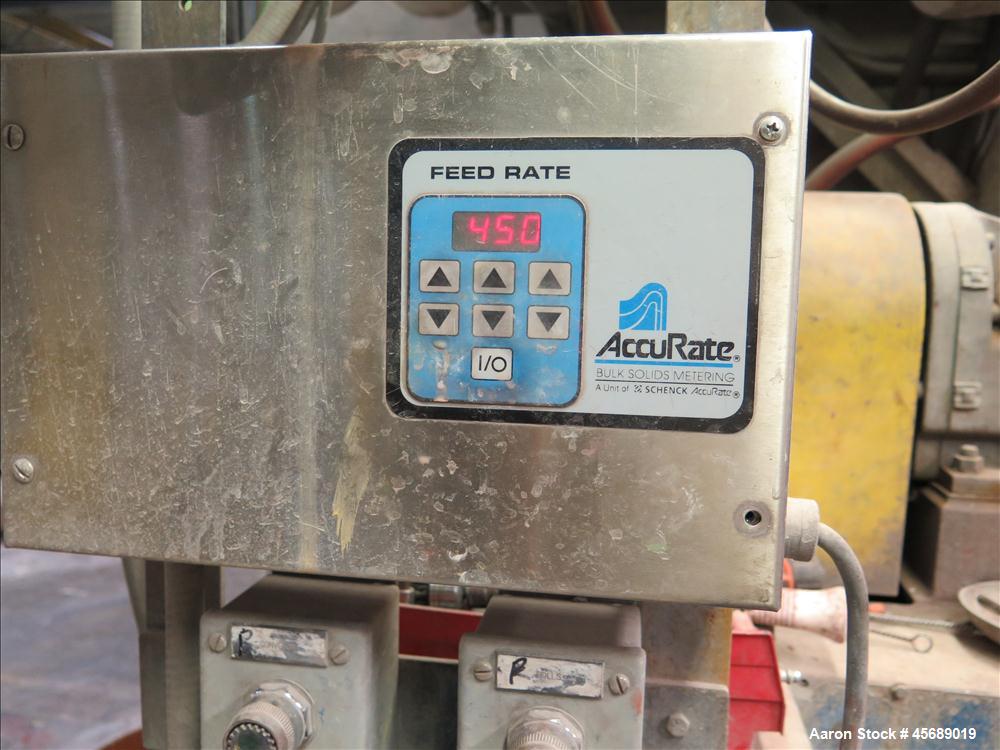 Used Werner &Pfleiderer 30mm Twin Screw Extruder, Model ZSK-30.  15 HP AC motor.  Includes; Schenck Accurate 602 Feeder, Baldor Drive, Newer PLC.  Controls and Drive Panel.  Built in 2000