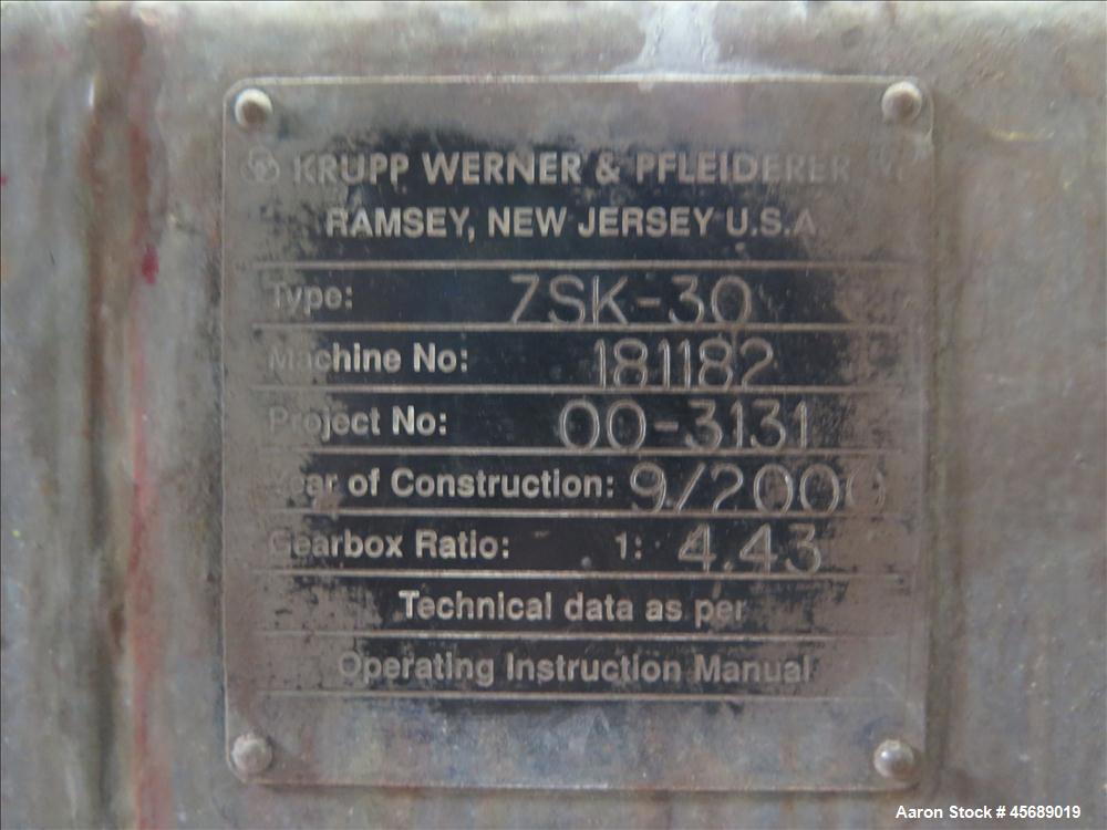 Used Werner &Pfleiderer 30mm Twin Screw Extruder, Model ZSK-30.  15 HP AC motor.  Includes; Schenck Accurate 602 Feeder, Baldor Drive, Newer PLC.  Controls and Drive Panel.  Built in 2000