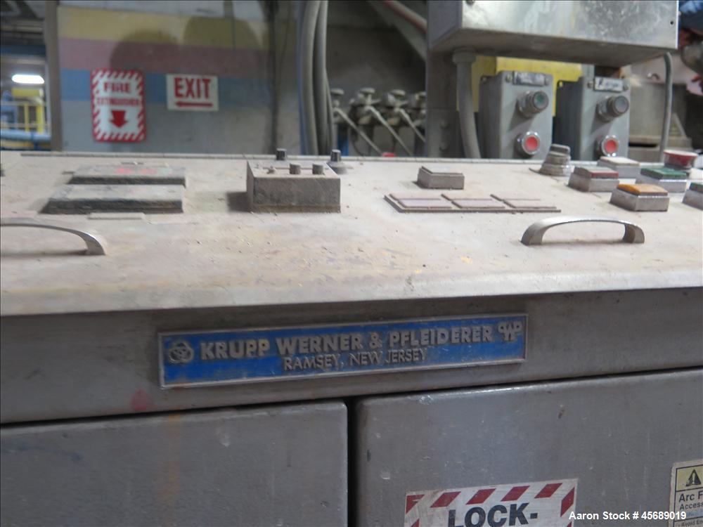 Used Werner &Pfleiderer 30mm Twin Screw Extruder, Model ZSK-30.  15 HP AC motor.  Includes; Schenck Accurate 602 Feeder, Baldor Drive, Newer PLC.  Controls and Drive Panel.  Built in 2000