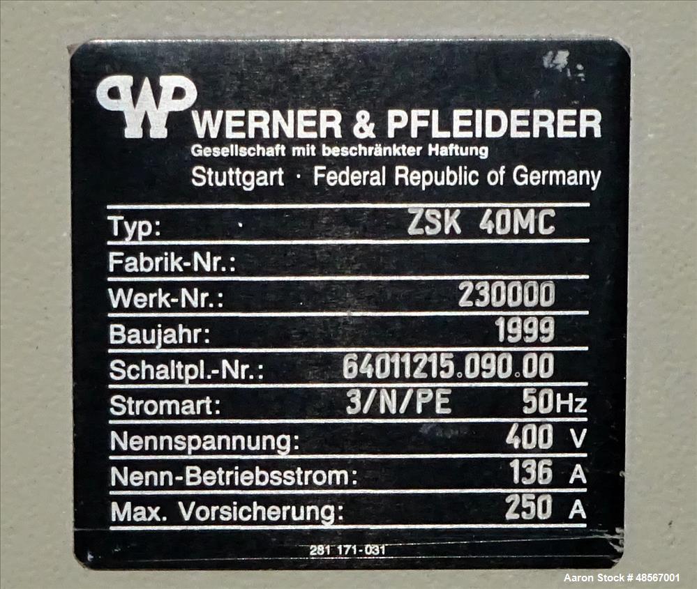 Used Werner & Pfleiderer 40mm Twin Screw Extruder, Type ZSK 40 F425.