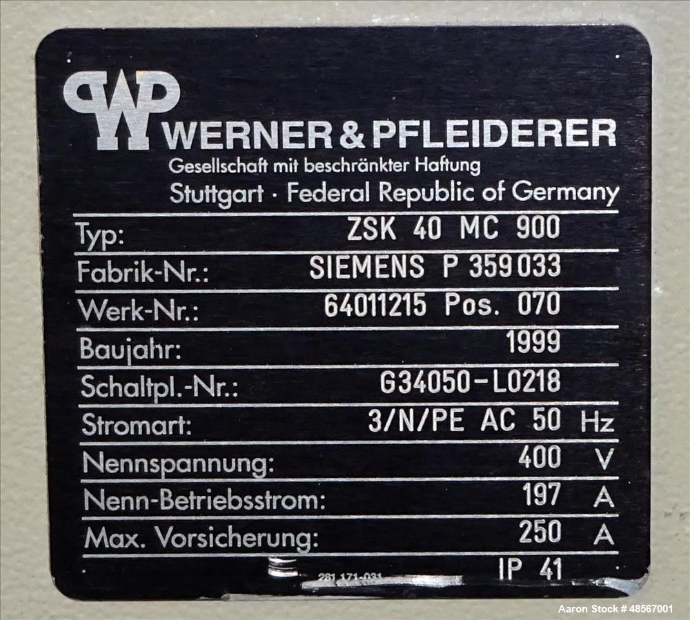 Used Werner & Pfleiderer 40mm Twin Screw Extruder, Type ZSK 40 F425.