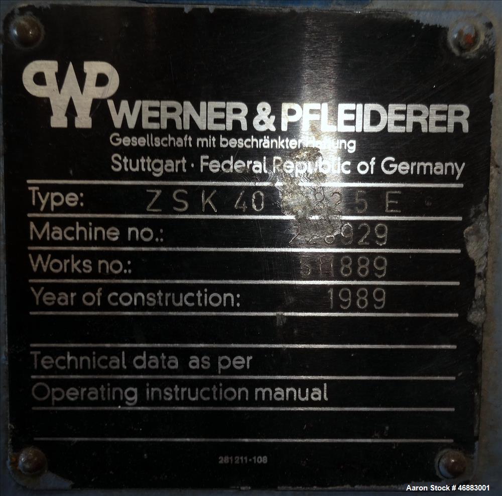 Used 40MM Werner & Pfleiderer Model ZSK40F 32.5E Co-Rotating Twin Screw Extrude