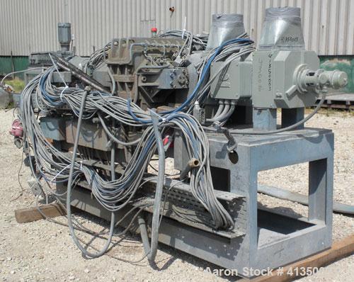 Used Werner Pfleiderer 40mm Twin Screw Extruder, Type ZSK-40. Co-rotating intermeshing side by side screw design. Approximate 33 to 1 L/D ratio. 5 barrel sections, 1 vented, 1 feed section. Electrica...