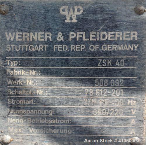 Used Werner Pfleiderer 40mm Twin Screw Extruder, Type ZSK-40. Co-rotating intermeshing side by side screw design. Approximate 33 to 1 L/D ratio. 5 barrel sections, 1 vented, 1 feed section. Electrica...