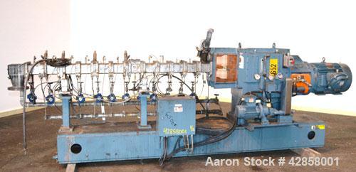 Used Werner Pfleiderer 40mm Twin Screw Extruder, Type ZSK-40. Co-rotating intermeshing side by side screw design. Approximate 40 to 1 L/D ratio. (11) Barrel sections, (1) feed section. Water cooled b...