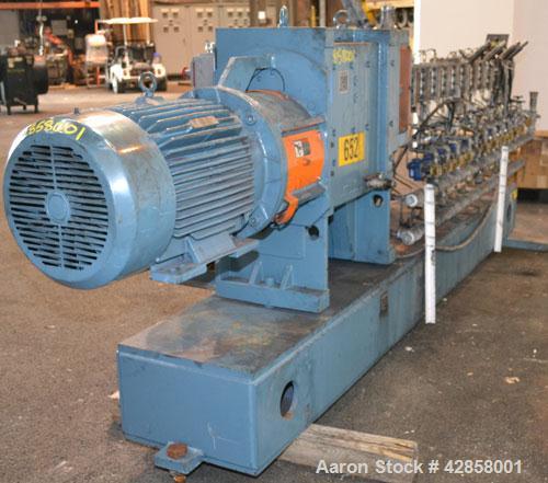 Used Werner Pfleiderer 40mm Twin Screw Extruder, Type ZSK-40. Co-rotating intermeshing side by side screw design. Approximate 40 to 1 L/D ratio. (11) Barrel sections, (1) feed section. Water cooled b...