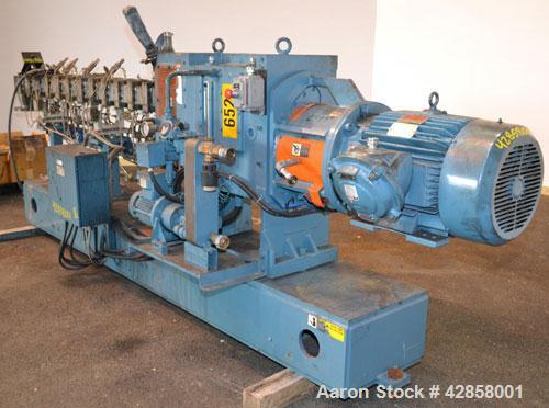 Used Werner Pfleiderer 40mm Twin Screw Extruder, Type ZSK-40. Co-rotating intermeshing side by side screw design. Approximate 40 to 1 L/D ratio. (11) Barrel sections, (1) feed section. Water cooled b...