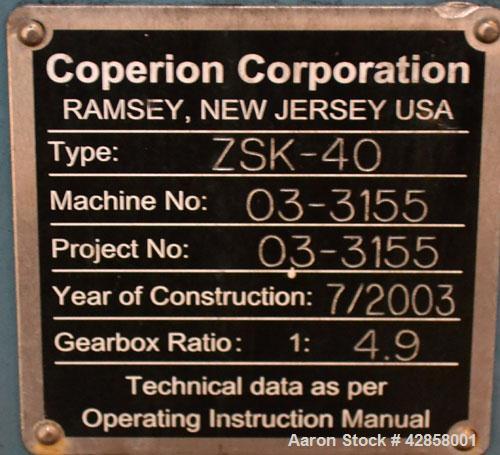 Used Werner Pfleiderer 40mm Twin Screw Extruder, Type ZSK-40. Co-rotating intermeshing side by side screw design. Approximate 40 to 1 L/D ratio. (11) Barrel sections, (1) feed section. Water cooled b...