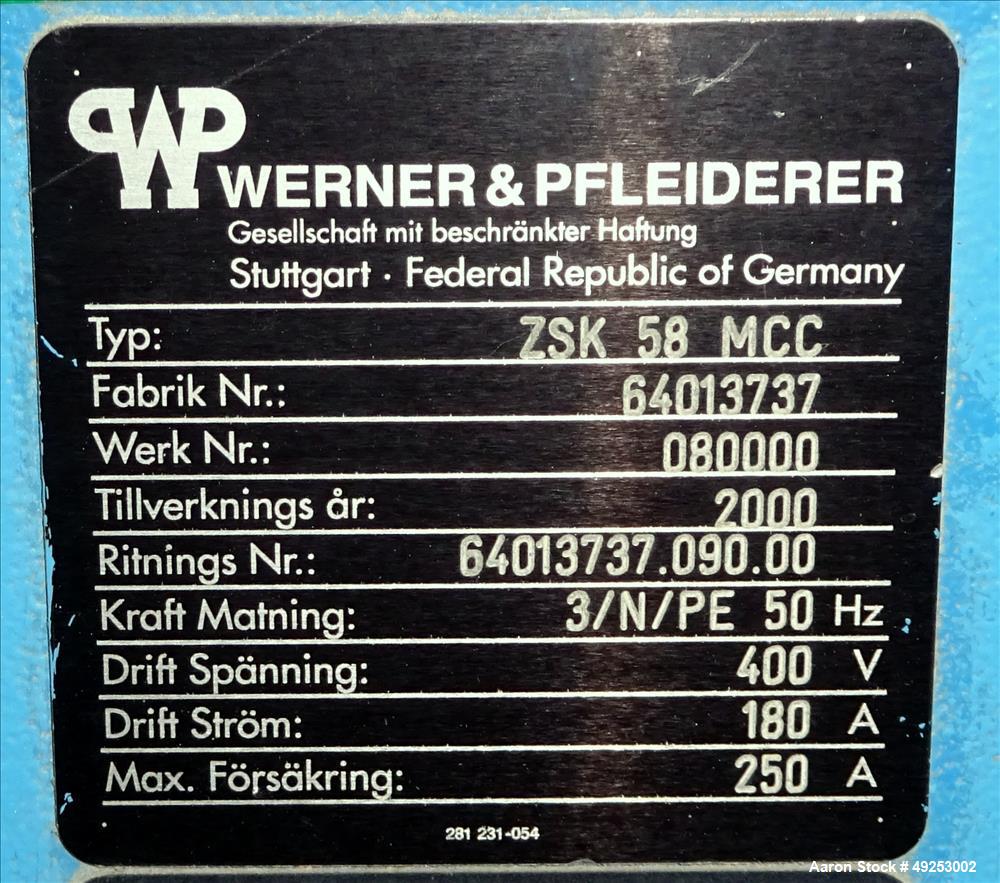 Used Coperion Werner & Pfleiderer Twin Screw Extruder Model ZSK 58 MCC.