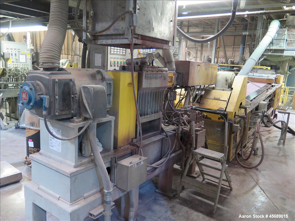 Used Werner & Pfleiderer 58mm Twin Screw Extruder, Model ZSK-58, Serial # 180913.  75 HP DC motor.  Includes:  North American Process Cooling Belt, 902M series feeder, long barrel.  Controls and Driv...