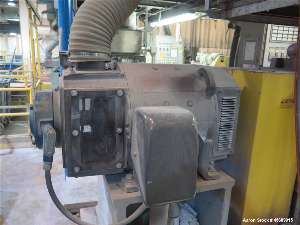 Used Werner & Pfleiderer 58mm Twin Screw Extruder, Model ZSK-58, Serial # 180913.  75 HP DC motor.  Includes:  North American Process Cooling Belt, 902M series feeder, long barrel.  Controls and Driv...