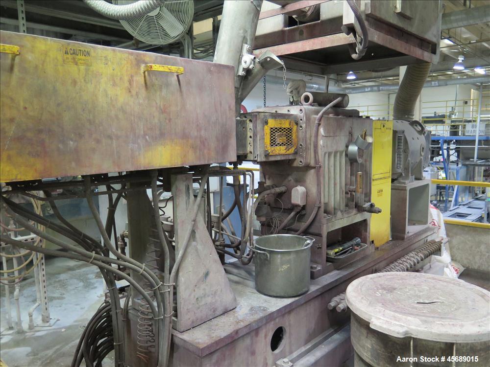 Used Werner & Pfleiderer 58mm Twin Screw Extruder, Model ZSK-58, Serial # 180913.  75 HP DC motor.  Includes:  North American Process Cooling Belt, 902M series feeder, long barrel.  Controls and Driv...