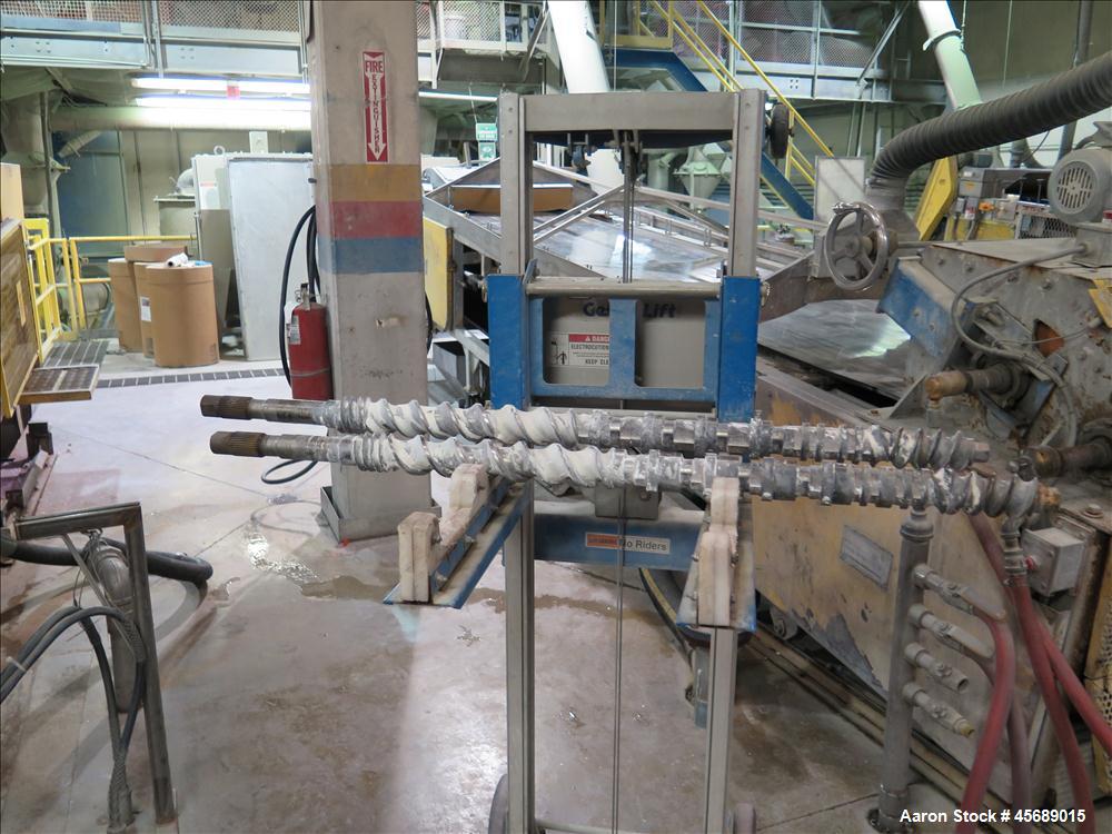 Used Werner & Pfleiderer 58mm Twin Screw Extruder, Model ZSK-58, Serial # 180913.  75 HP DC motor.  Includes:  North American Process Cooling Belt, 902M series feeder, long barrel.  Controls and Driv...