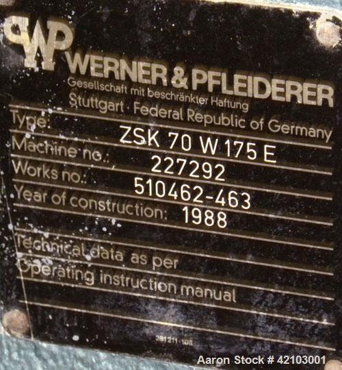 Used Werner & Pfleiderer 70mm Twin Screw Extruder/ Compounder, Type ZSK 70W 175E. Co-Rotating intermeshing side by side screw design. Approximate 28 to 1 L/D ratio. 6 Barrel sections, (1) vented with...