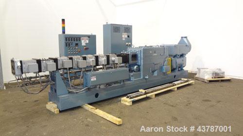 Used Werner & Pfleiderer 92mm Twin Screw Extruder, Type ZSK-92F-385E. Approximate 30 to 1 L/D ratio. Co-rotating intermeshing side by side screw design. 7 Barrel sections, (1) feed section with hoppe...