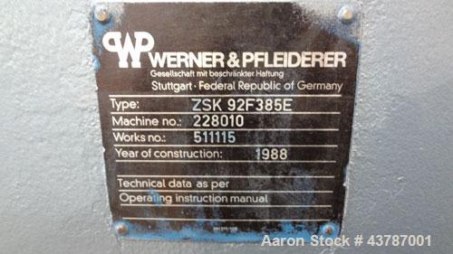 Used Werner & Pfleiderer 92mm Twin Screw Extruder, Type ZSK-92F-385E. Approximate 30 to 1 L/D ratio. Co-rotating intermeshing side by side screw design. 7 Barrel sections, (1) feed section with hoppe...