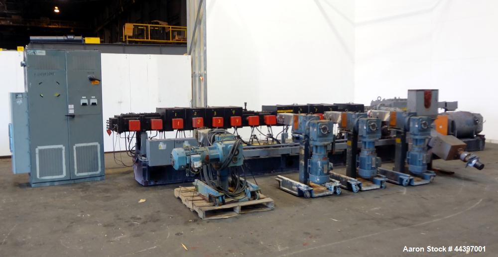 Used Werner & Pfleiderer 92mm Twin Screw Extruder, Type ZSK-92. Approximately 60 to 1 L/D ratio.  Co-rotating intermeshing side by side screw design.  14 Barrel sections, (1) feed section with a twin...