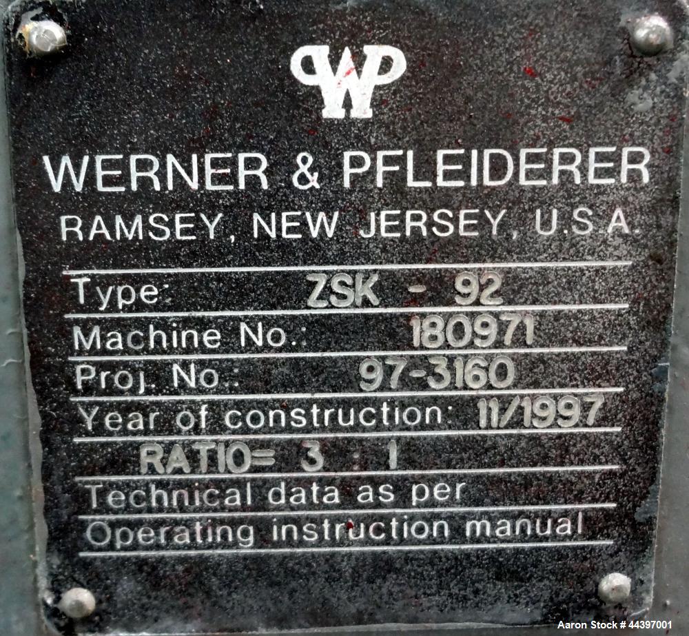 Used Werner & Pfleiderer 92mm Twin Screw Extruder, Type ZSK-92. Approximately 60 to 1 L/D ratio.  Co-rotating intermeshing side by side screw design.  14 Barrel sections, (1) feed section with a twin...