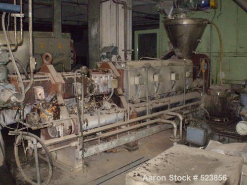 USED: Werner Pfleiderer twin screw extruder, type ZSK160. Co-rotating,6 barrel sections electrically heated, water cooled. Screw speed 250rpm via gearbox by 1100 kW, 1489 rpm with (1) 18.5 kW/380 vol...
