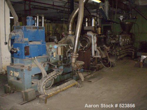 USED: Werner Pfleiderer twin screw extruder, type ZSK160. Co-rotating,6 barrel sections electrically heated, water cooled. Screw speed 250rpm via gearbox by 1100 kW, 1489 rpm with (1) 18.5 kW/380 vol...
