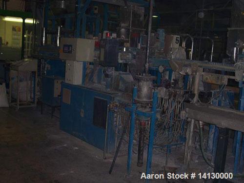 Used Coperion Werner Pfleiderer lab size twin screw extruder, type ZSK25WLE. 25 mm diameter screws, 40:1 L/D, co-rotating. 10 heating zones, electrically heated, water cooled, 1 vent port. Max screw ...