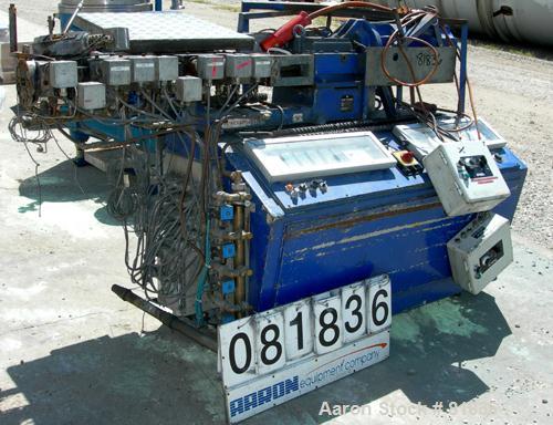 USED: Werner Pfleiderer lab size twin screw extruder. 30 mm screw diameter, model ZSK30M0/2P. Approx 30:1 L/D ratio. Co-rotating screw design. 9 zone electrically heated, water cooled barrel. Driven ...