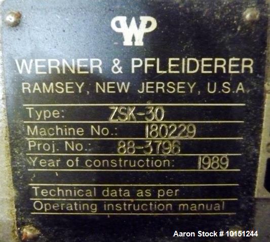 Used 30mm Werner & Pfleiderer Model ZSK30 Co-Rotating Twin Screw Extruder. Extruder is driven through piv gearbox Model c2n90010, rated at 90kw with 496 rpm output speed. Has electrically heated wate...