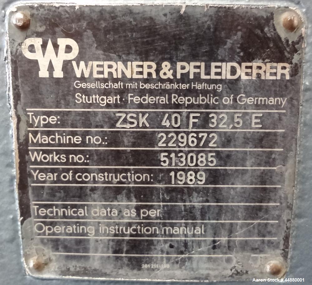 Used Werner & Pfleiderer 40mm Twin Screw Extruder, Type ZSK40F-32.5E. Approximate 40 to 1 L/D ratio. Co-Rotating intermeshing side by side screw design. 10 Barrel sections, with (1) feed section, (1)...