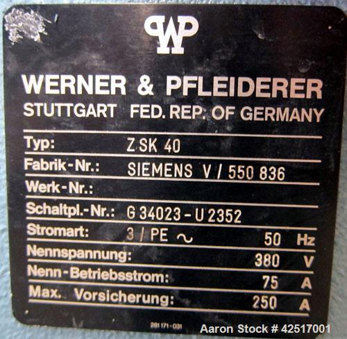 Used Werner Pfleiderer 40mm Twin Screw Extruder, Type ZSK40W32.5E. Co-Rotating intermeshing side by side screw design. Approximate 40 to 1 L/D ratio. 9 Barrel sections, (1) feed section, no hopper, e...