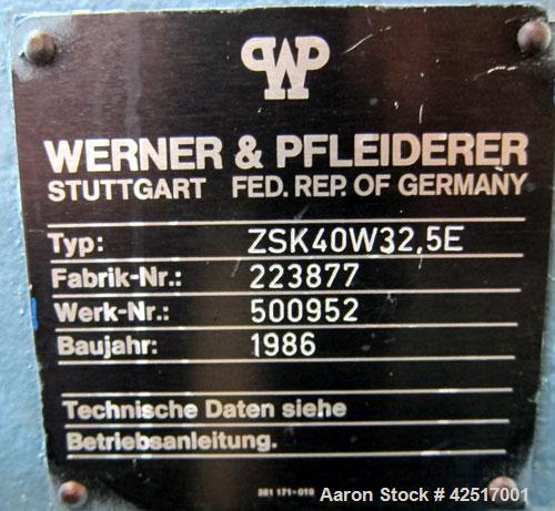 Used Werner Pfleiderer 40mm Twin Screw Extruder, Type ZSK40W32.5E. Co-Rotating intermeshing side by side screw design. Approximate 40 to 1 L/D ratio. 9 Barrel sections, (1) feed section, no hopper, e...
