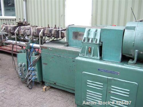USED: Werner Pfleiderer ZSK53 extrusion line. Twin screw extruder,screw diameter 2.08" (53mm), L/D 34, motor 37.5 kw. Includesspaghetti die, cooling bath, strength dryer, granulator, vibratingscreen,...