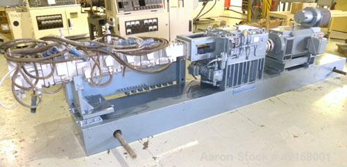 Used Werner Pfleiderer 57mm Twin Screw Extruder, Type ZSK57. Co-Rotating intermeshing side by side screw design. 7 Barrel sections, (1) feed section, no hopper, electrically heated, water cooled (no ...