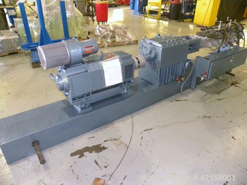 Used Werner Pfleiderer 57mm Twin Screw Extruder, Type ZSK57. Co-Rotating intermeshing side by side screw design. 7 Barrel sections, (1) feed section, no hopper, electrically heated, water cooled (no ...