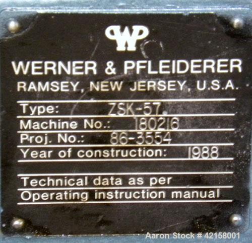 Used Werner Pfleiderer 57mm Twin Screw Extruder, Type ZSK57. Co-Rotating intermeshing side by side screw design. 7 Barrel sections, (1) feed section, no hopper, electrically heated, water cooled (no ...