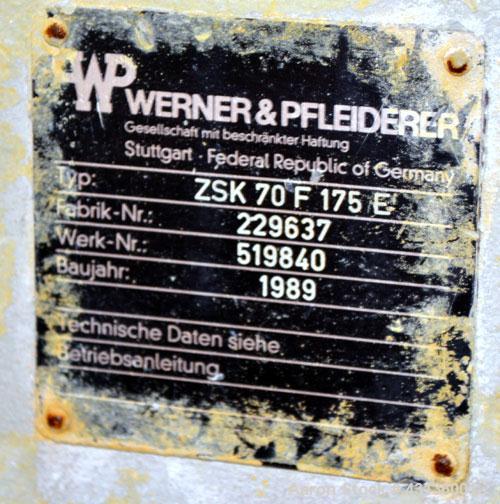 Used Werner & Pfleiderer 70mm Twin Screw Extruder, Type ZSK70F-175E. Approximate 18 to 1 L/D ratio. Approximate 40-1/2" centerline height. Co-Rotating intermeshing side by side screw design. Capacity...