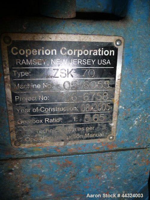 Used Werner and Pfleiderer Twin Screw Extruder, Model ZSK70, 70mm screws, co-rotating, cored screws with rotary unions, 13:1 L/D, electrically heated, water cooled barrel with (4) barrel sections, 15...