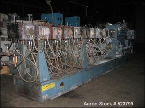 USED: Werner Pfleiderer twin screw extruder, type ZSK70. 70 mmco-rotating segmented screws, 30:1 L/D with (1) feed section, (7)barrel sections and (2) vented sections, barrel extension with (4)barrel...