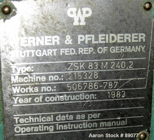 USED: Werner Pfleiderer 83 mm twin screw extruder parts machine, model ZSK80M240.2 consisting of (1) model ZSK80M240.2 extruder gearbox, werk #506786-787, built 1983, transmission ratio approximately...