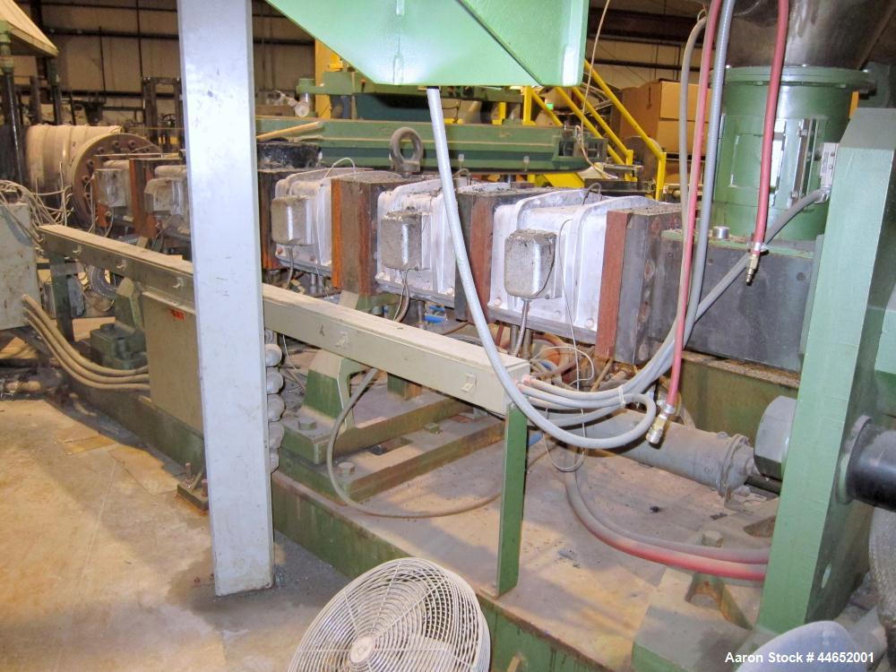 Used W & P 160mm twin screw extruder, co-rotating, 6 barrel plus feed section.  Twin feed hoppers.  700 hp dc motor with SCR controller.  Gearbox lubricating system and closed loop barrel cooling sys...