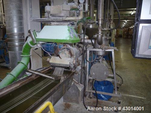 Used Berstoff Twin Screw Extruder, type ZE60A-33D, Co-rotating. Max screw speed 500 RPM via a Flender gearbox, ratio 5:1 by a 150KW/225HP-2500 RPM-380volt/50cycle/3Ph motor. incl. 2 x side feeder and...