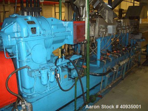 Used Twin Screw Extruder, 83 mm, 10 Barrels. Electrically heated and water cooled. 200 hp DC/SCR drive. Complete temp control panel. (1) ZSB 70 side feeder. Mfg 2004. Multi hole strand die.