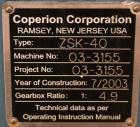 Used Werner Pfleiderer 40mm Twin Screw Extruder, Type ZSK-40. Co-rotating intermeshing side by side screw design. Approximate 40 to 1 L/D ratio. (11) Barrel sections, (1) feed section. Water cooled b...