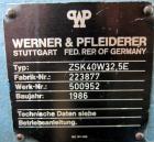 Used Werner Pfleiderer 40mm Twin Screw Extruder, Type ZSK40W32.5E. Co-Rotating intermeshing side by side screw design. Approximate 40 to 1 L/D ratio. 9 Barrel sections, (1) feed section, no hopper, e...