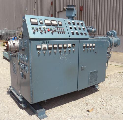 Used American Maplan Approximate 62mm Counter-Rotating Twin Screw Extruder, Model DSK62. (2) 2.44" Diameter x 48" long intermeshing tapered screws. Electrically heated, water cooled 4 zone vented bar...