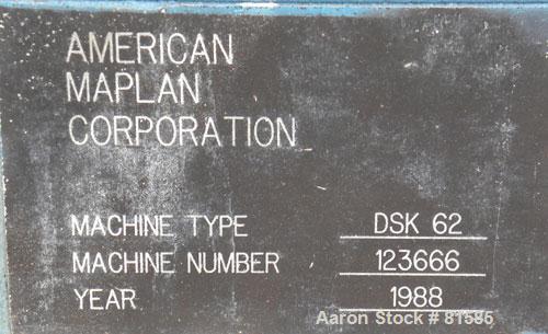 Used American Maplan Approximate 62mm Counter-Rotating Twin Screw Extruder, Model DSK62. (2) 2.44" Diameter x 48" long intermeshing tapered screws. Electrically heated, water cooled 4 zone vented bar...