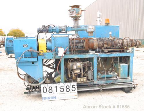 Used American Maplan Approximate 62mm Counter-Rotating Twin Screw Extruder, Model DSK62. (2) 2.44" Diameter x 48" long intermeshing tapered screws. Electrically heated, water cooled 4 zone vented bar...